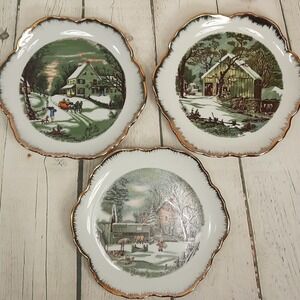 Set‎ 3 Currier and Ives The Farmer's Home in Winter Plates Brushed Gold Trim